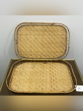 Vintage MCM Bamboo & Rattan Wicker Style Trays Set of 2  Size 19 x 13 x 1.25